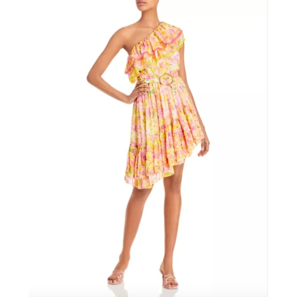 Rococo Sand Dress Yellow Pink Floral One Shoulder Georgette Nesh‎